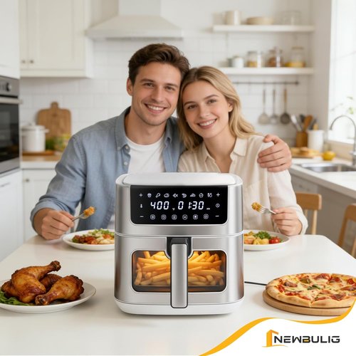 NEWBULIG Air Fryer - 6.34QT Capacity with Visible Window & Fast Heating - Stainless Steel, White