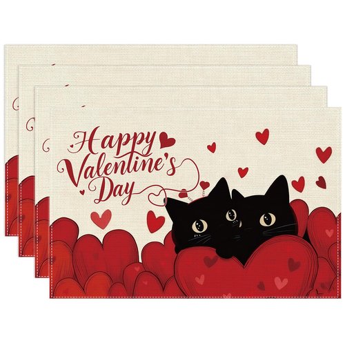 Inisajace Valentines Day Placemats Set of 4, Happy Valentine's Day Cat and Love Heart Placemats Decorations, Table Mats for Home Party Kitchen Dining Decor (12x18 Inch)