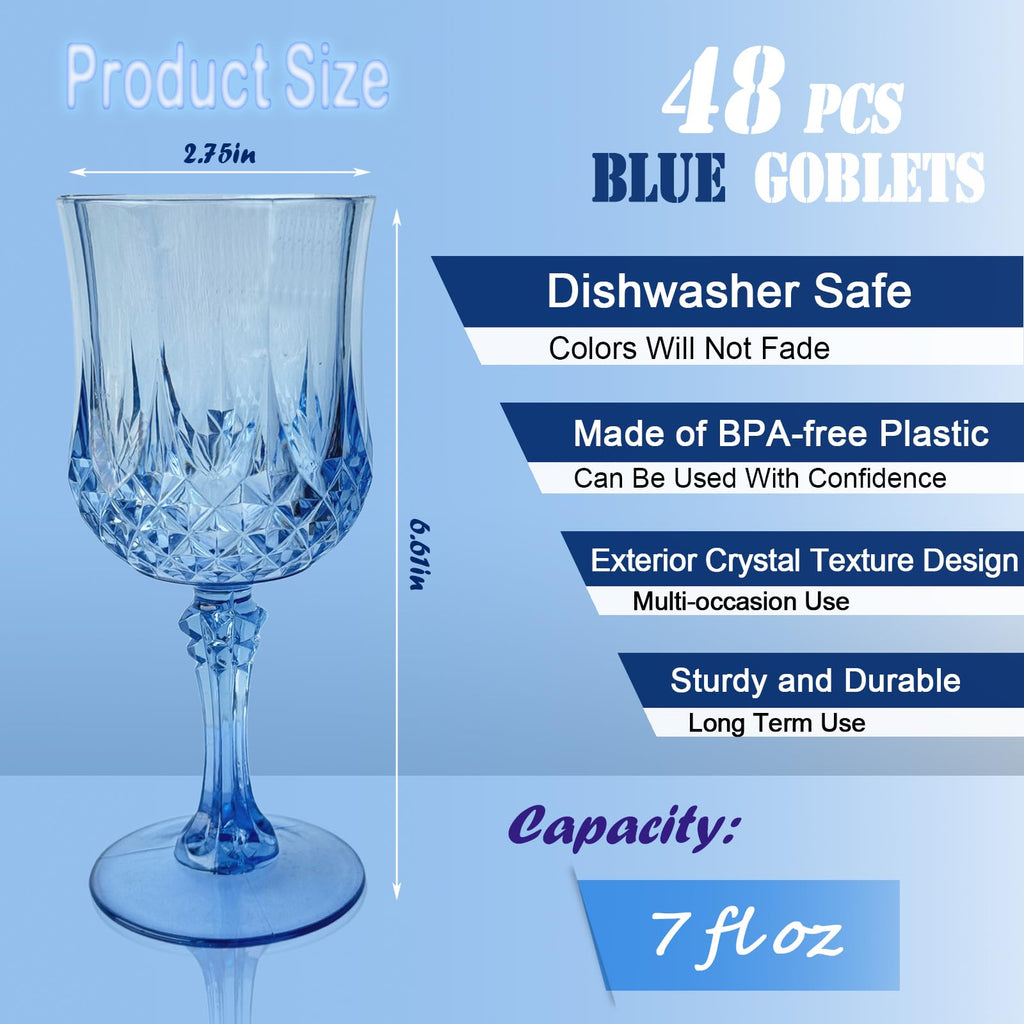 Veiuwa 48 PCS Blue Plastic Wine Glasses,Reusable Plastic Wine Glasses,Blue Goblet Glass,Durable and Sturdy Cups Can Be Used for Various Parties Such as Weddings!