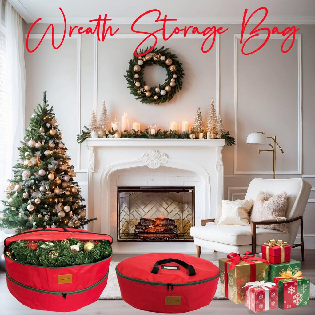 Skiennix Wreath Storage Container - Heavy Duty 600D Oxford Cloth | 24x12 Inch Red Double Bag for Holiday Wreaths