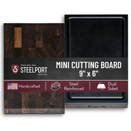 STEELPORT Mini Cutting Board 9"x6" - Steel Reinforced, Utlra-thin Butcher Block | Dual Sided - End-grain Walnut Wood, Composite Side | Chopping Board with Juice Groove | USA Made for Home, Chefs