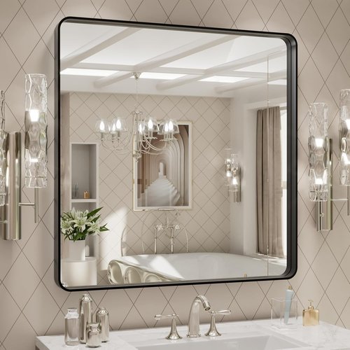 LOAAO Black Metal Framed Bathroom Mirror - 30x30 Inch Matte Black Rounded Rectangle, Anti-Rust, Versatile Hanging Options