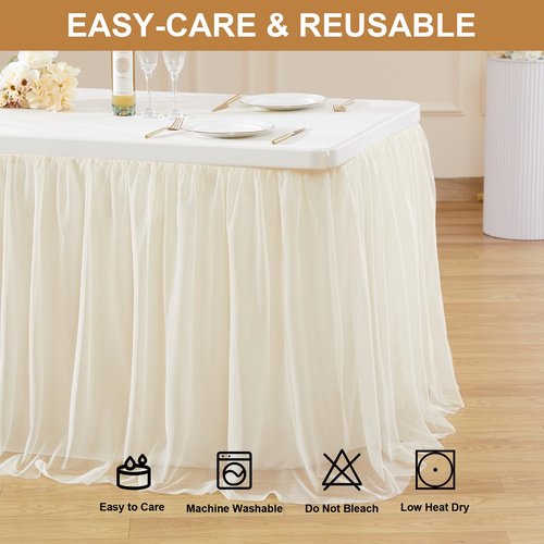 Wish Care 4 Pack Light Champagne Tulle Tablecloth for 6 Foot Rectangle Tables Ruffle Stretch Fitted Table Cloth Tutu Skirt Wrinkle Free Table Cover for Party Wedding Birthday Banquet Cake Tables Decor