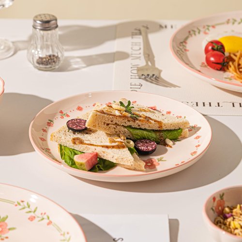 FANGJING 16-Piece Dinnerware Set for 4, Ceramic Plates and Bowls Sets, Microwave & Dishwasher Safe Dish Sets for Daily Use & Gifting, with Spring Peach Blossom Pattern
