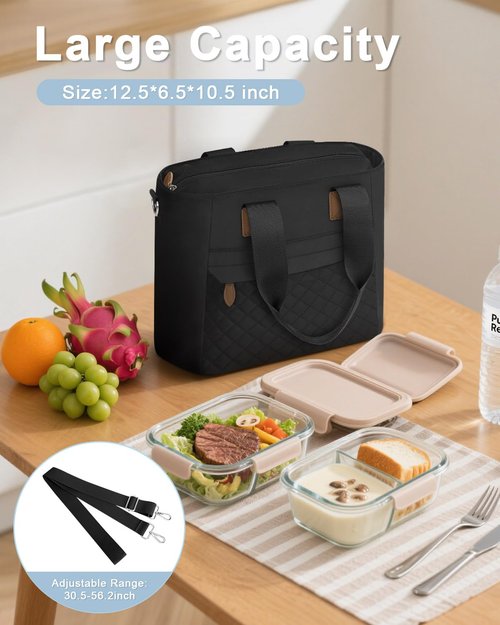 Insulated Lunch Box for Women & Men - Large Thermal Lunch Bag Women with Removable Shoulder Strap, Reusable Lunch Cooler Tote Bags Purse for Adults Work, Picnic, Hiking, Beach, Travel, Medium，Black