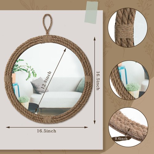 Vercraft Nautical Mirror 16 Wall Decor with Rope Wrapped Trim and Hanging Loop Round Circle Coastal Boho Mirror Nautical Rustic Decorative for The Living Room, Bedroom Bathroom and Entryway
