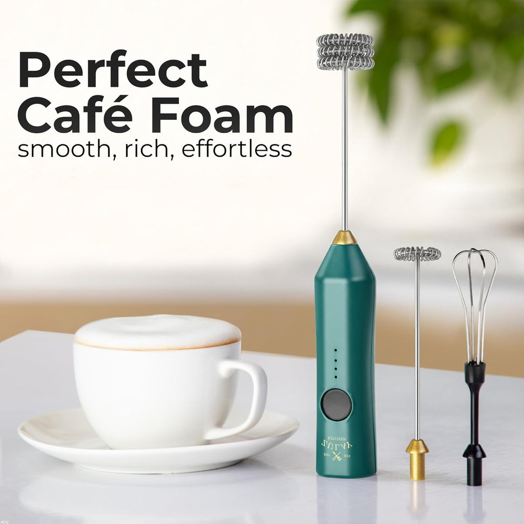 Zulay Kitchen Rechargeable Milk Frother - 3 Speeds & 3 Whisk Attachments - USB Charging for Latte & Cappuccino - Green Gold