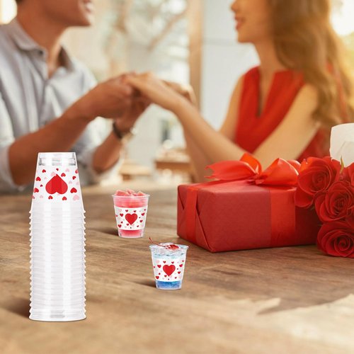 Taikula 60 Pcs 1.5oz Disposable Heart Shot Glasses for Valentine's Day - Romantic Red Pink Plastic Shot Cups Bulk, Couples Celebration & Love Party Decorations (60, Red, Pink Heart)