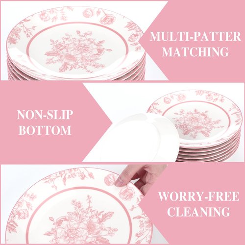 Jinei 8 Pcs Pink Floral Salad Plates Dinnerware Set Chinoiserie Ceramic Round Dessert Serving Plates 8 Inch Dinner Serving Tableware for Kitchen, Microwave Oven Dishwasher Safe