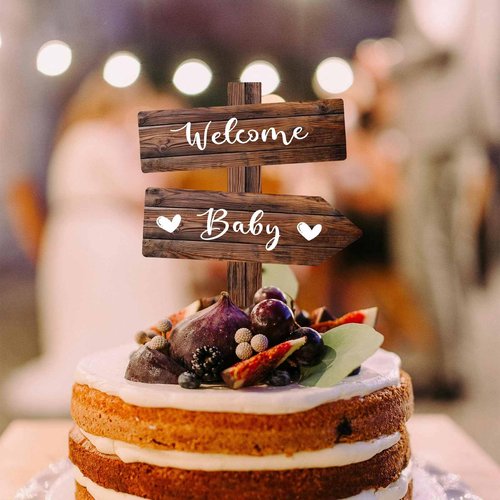 Rustic Welcome Baby Cake Topper in Wood Boy or Girl Announcement Neutral Wooden Cake Decoration for Baby Shower, Gender Reveal Party Decorations