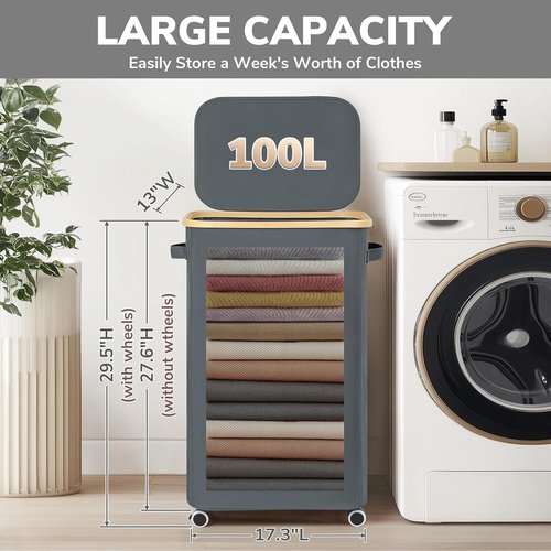 Goodpick Laundry Basket - Large Rolling Hamper with Wheels & Removable Wash Bag | 100L, Gray