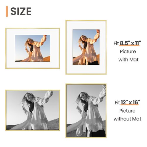 upsimples Aluminum 12x16 Picture Frame Gold, Display Photo 8.5x11 with Mat or 12 x 16 without Mat, Wall Hanging Metal Poster Frame with Acrylic Cover, 1 Pack