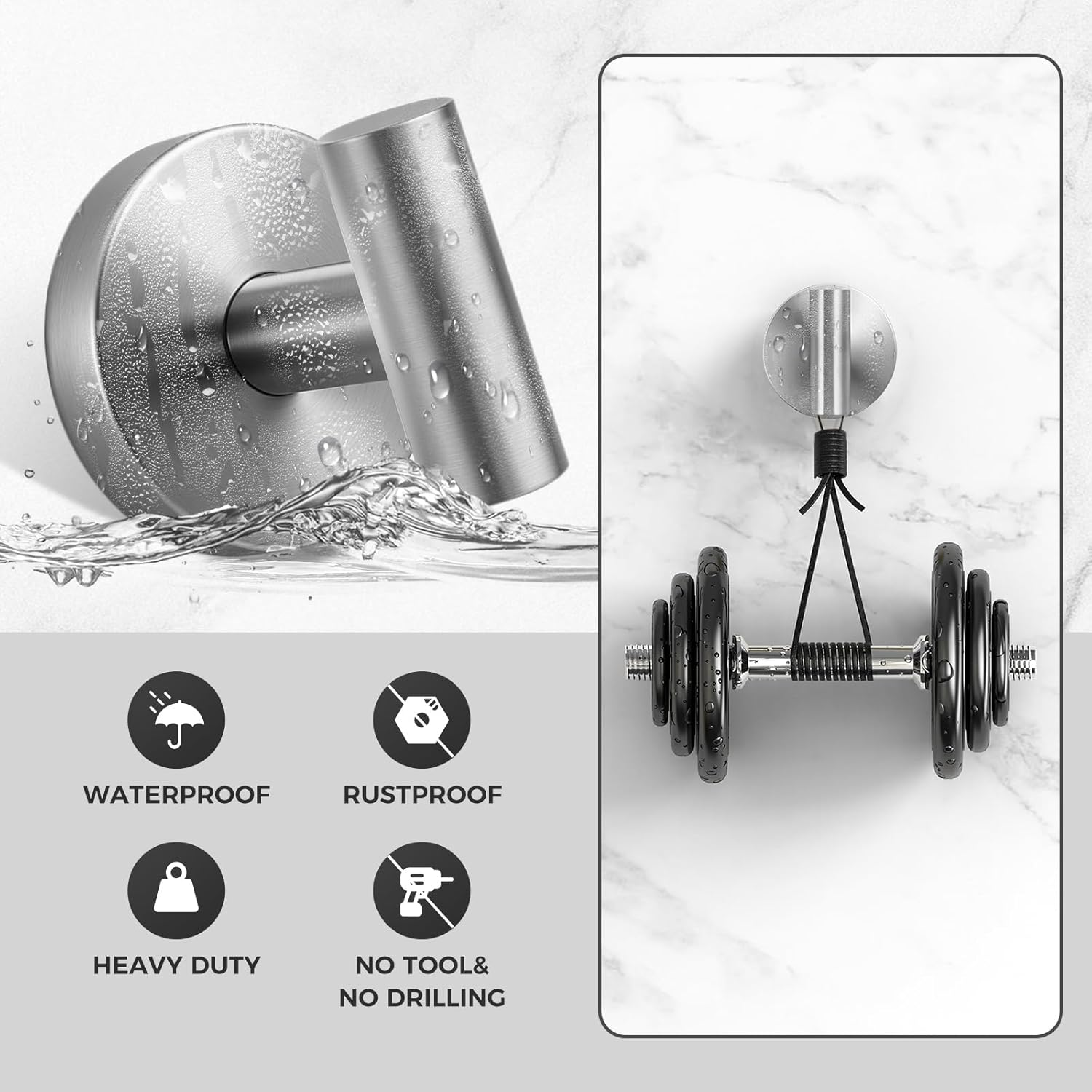 Skiennix Shower Hooks - Heavy-Duty No-Drill Suction Cup Towel Hooks for Bathroom | 4 Pack (Silver)
