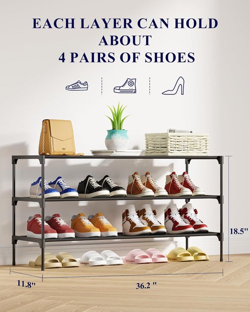 Kitsure Shoe Rack - Stackable Non-Woven Shoe Organizer for Closet & Entryway | 3-Tier, Black, 36.2" Wide