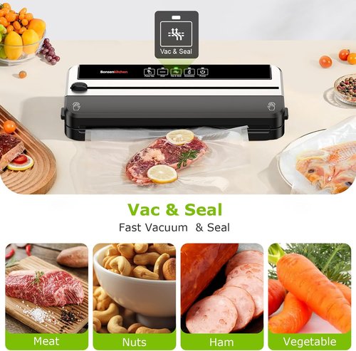 Bonsenkitchen Vacuum Sealer Machine - Multifunctional Food Sealer for Sous Vide & Meal Prep | Silver-Black, Includes 5 Pre-Cut Bags