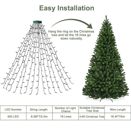 Christmas Tree Lights with Ring,6.6ft 400LED Fairy Light with Remote Control,16 Lines String Light,8 Modes,Timing Function,LED Light for 4-10ft Indoor and Outdoor Christmas Tree Decoration,Warm White