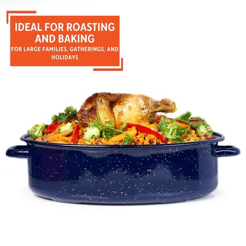 IMUSA USA 18" Traditional Vintage Style Blue Speckled Enamel on Steel Covered Oval Roaster