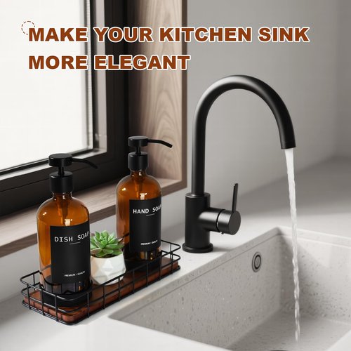 Kitchen Soap Dispenser Set with Tray, Amber Glass Soap Dispensers with Iron Basket, Decorative Hand and Dish Soap Dispenser Set, Soap and Lotion Dispensers for Kitchen and Bathroom Storage Organizer