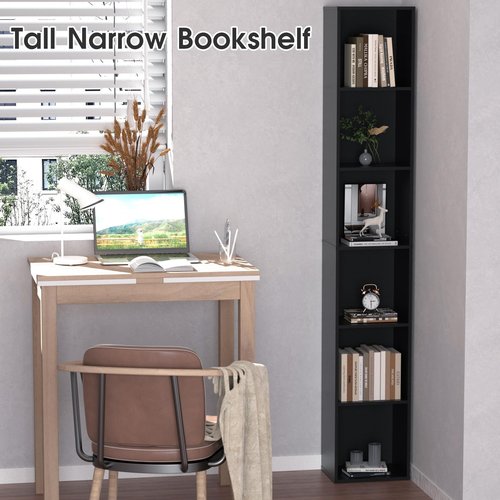 QieerHior Tall Narrow Bookshelf 6-Tier Bookcase,70.5" Skinny Thin Corner Shelf Slim Storage Cabinet,Wood DVD CD Media Cube Organizer Tower Rack for Small Spaces, Bedroom, Living Room, Office,Black