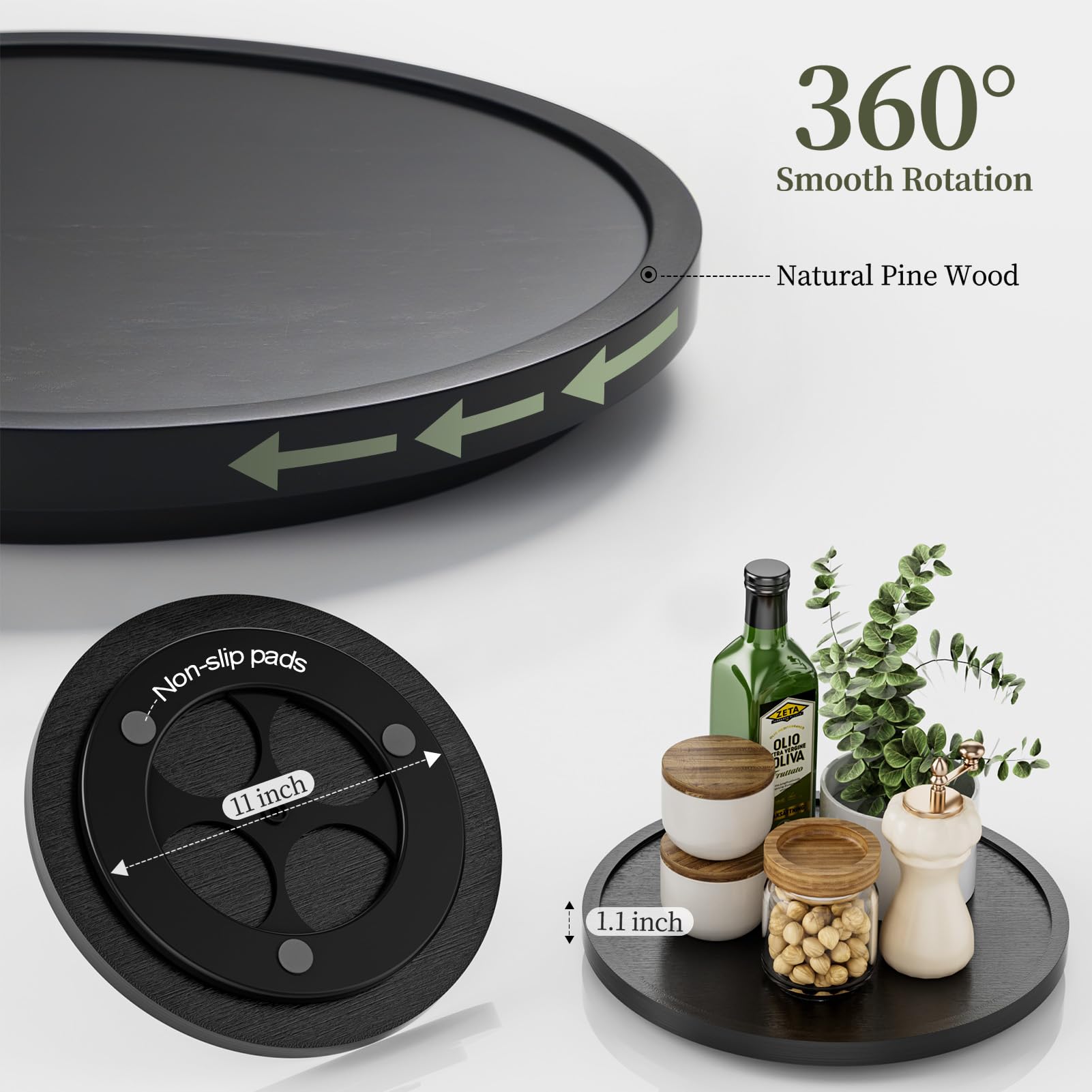 LAMU 11'' Wood Lazy Susan Organizer Turntable for Cabinet, Lazy Susan for Table Top, Pantry, Kitchen, Bathroom, Countertop, Rotating Spice Organizer, Vanity Decor Tray, Pine Wood, Black
