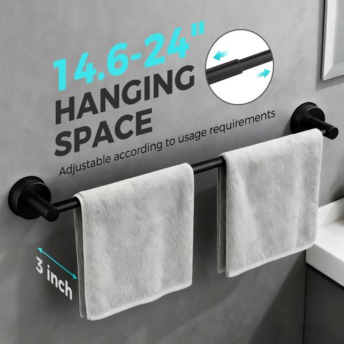 Adjustable Suction Cup Towel Bar for Bathroom Wall,14.6Inch~24 Inch Towel Racks for Bathroom,Stainless Steel Bath Towel Holder for Shower(Matte Black)