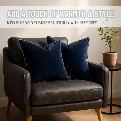 Blau Marité 2 Pack Velvet Decorative Throw Pillow Covers, 20"x20", Navy Blue and Grey, Solid, Modern, Contrast Piping, Indoor Use, Bedroom & Living Room