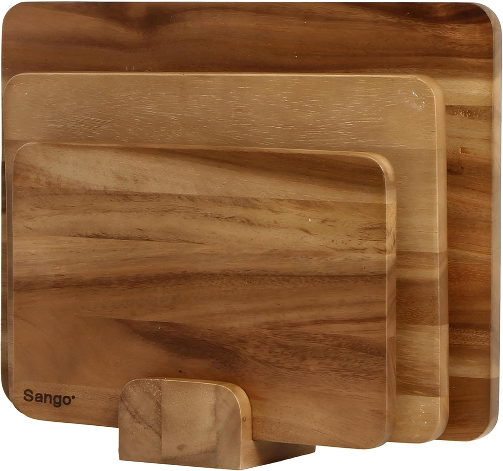 Sango Acacia Cutting Board Set - 3-Piece Wood Chopping Boards with Juice Grooves & Stand | Non-Toxic, Stackable & Reversible