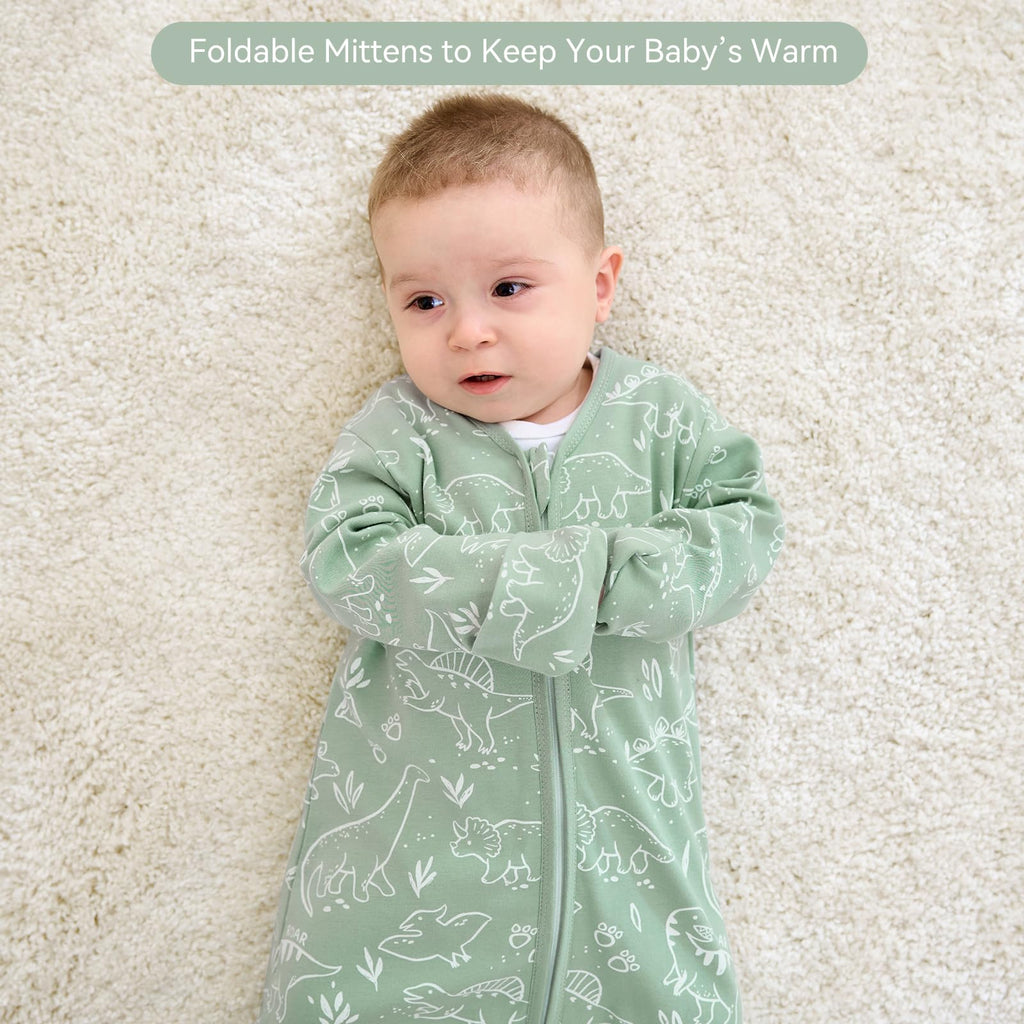 FIEMOL Baby Sleep Sack 6-12 Months, Long Sleeve Baby Wearable Blanket 0.5 Tog with Mittens, 2-Way Zipper Infant Cotton Sleeping Sack for Boy and Girl Green Dinosaur 2 Pack (Medium)
