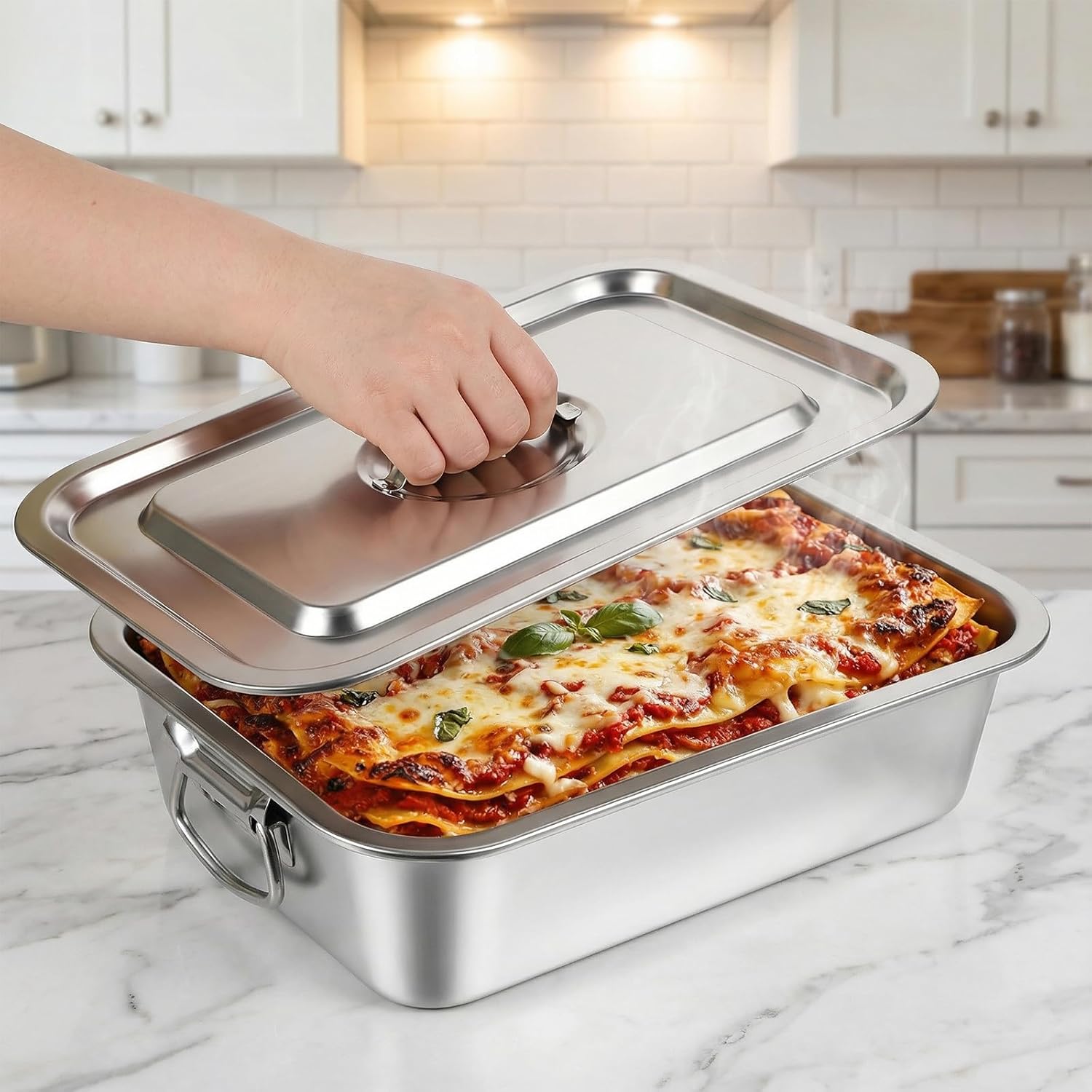 Skiennix 4-Inch Extra Deep Lasagna Pan - Nonstick Stainless Steel Baking Dish with Lid & Handles | 14x10.6 Inch Silver