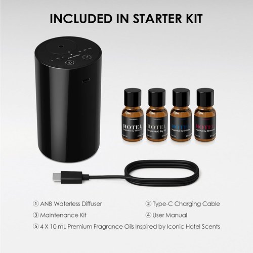 Airversa Waterless Essential Oil Diffuser - Portable Mini Scent Machine with 4 x 10mL Fragrance Oils | Black AN8 Kit