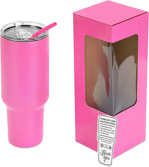 Makerflo 40 Oz Pink Powder Coated Tumbler - Pack of 25 with Upgraded Handle & Leak-Proof Lid for Crafting