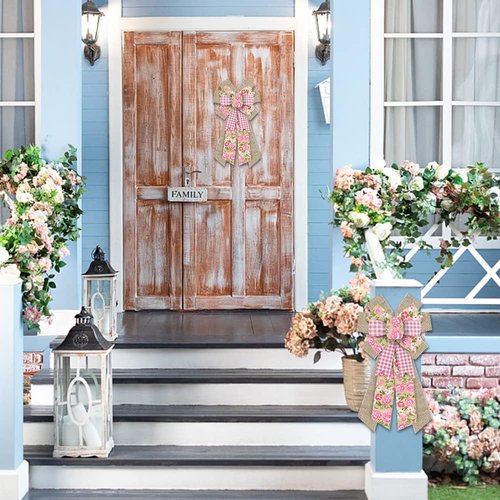 Hying Large Spring Flower Bow - Pink Natural Burlap for Wreaths & Front Door Decor