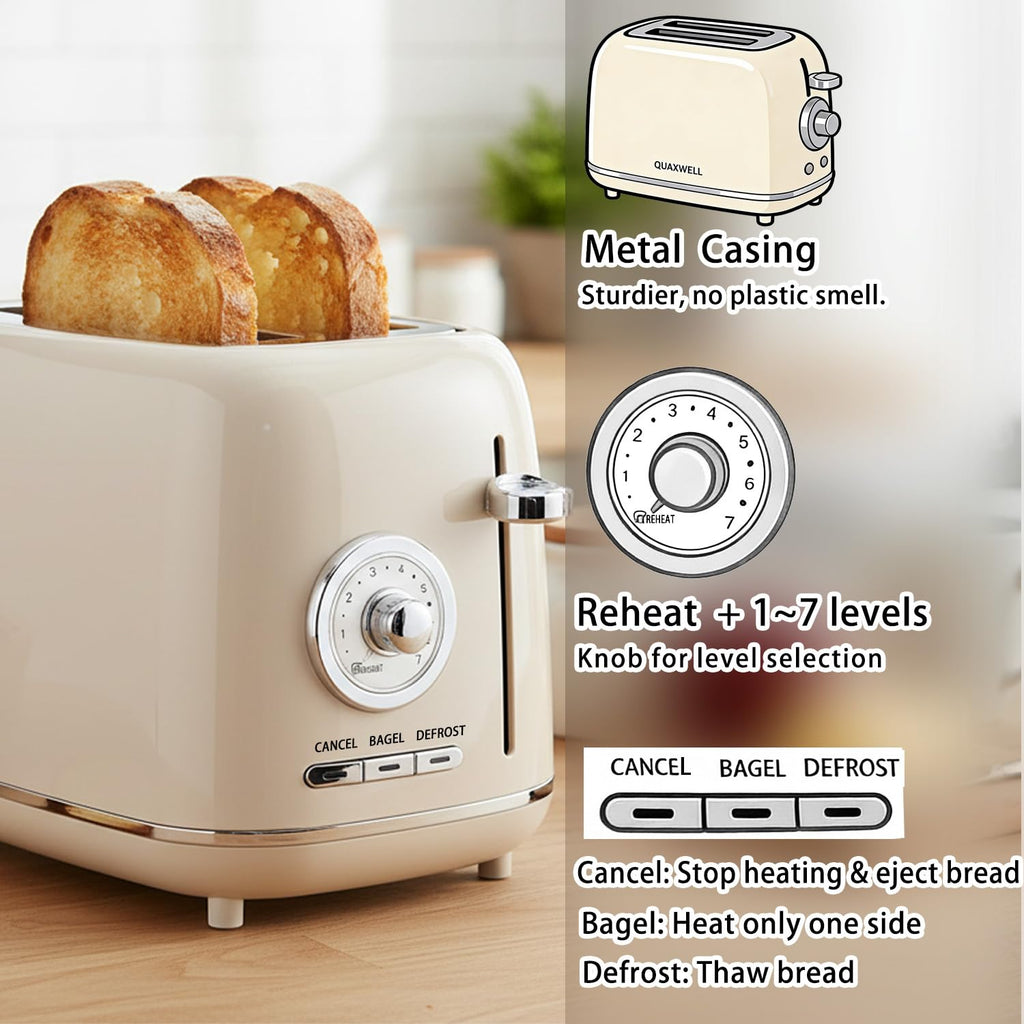 QUAXWELL 2-Slice Toaster, Wide Slots, 7 Bread Shade Settings, Stainless Steel, Bagel, Cancel, and Defrost Functions, Removable Crumb Tray, Retro Style Toaster,Beige