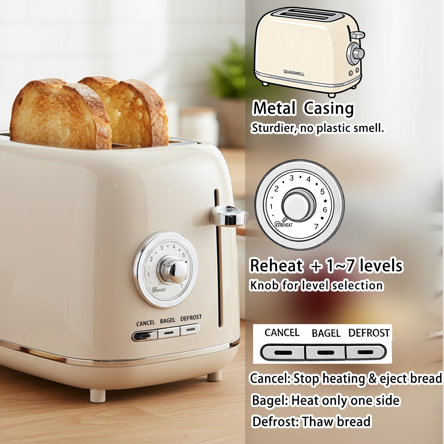 QUAXWELL 2-Slice Toaster, Wide Slots, 7 Bread Shade Settings, Stainless Steel, Bagel, Cancel, and Defrost Functions, Removable Crumb Tray, Retro Style Toaster,Beige