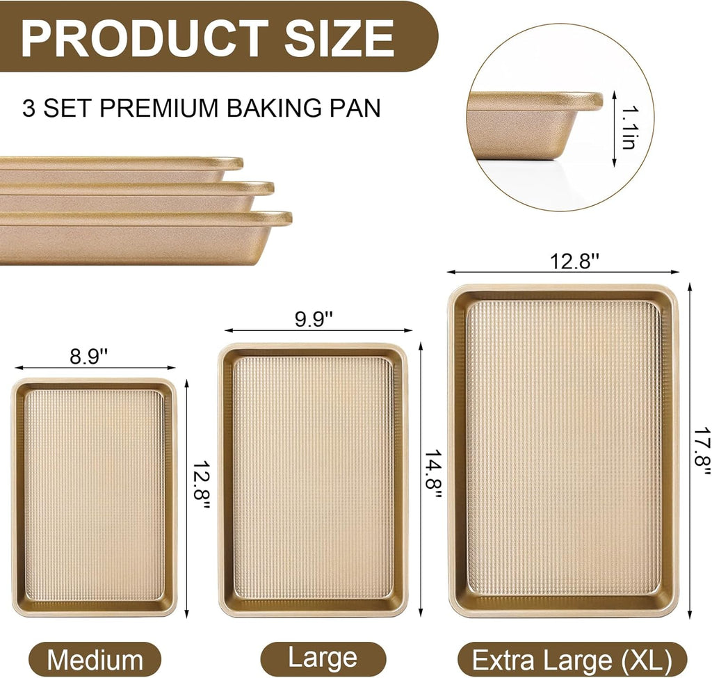 Skiennix Baking Sheet Pan Set - Nonstick Cookie Sheets | Heavy Duty Carbon Steel | 3-Piece Set