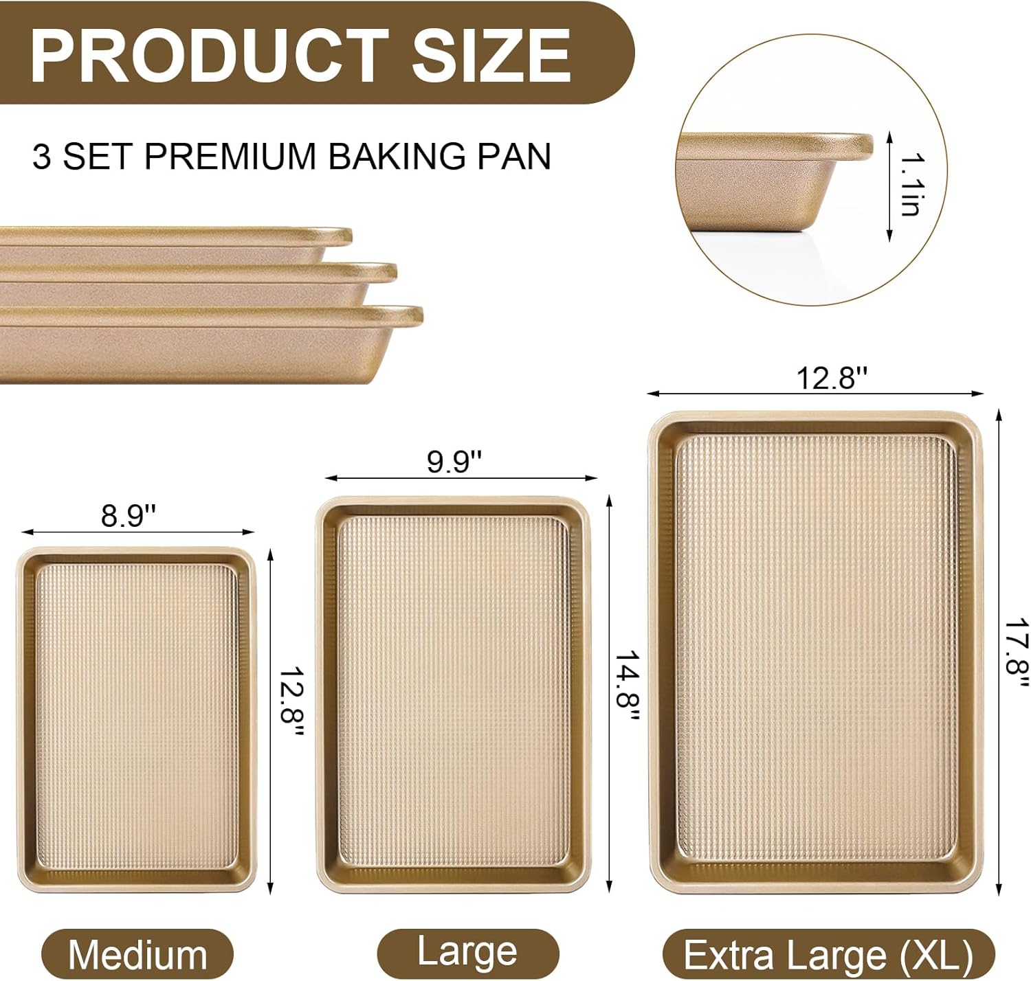 Skiennix Baking Sheet Pan Set - Nonstick Cookie Sheets | Heavy Duty Carbon Steel | 3-Piece Set
