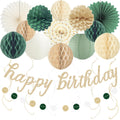 Sage Green Happy Birthday Decorations, Pre-Strung Happy Birthday Banner with Honeycomb Balls, Paper Flowers, Lanterns, Hanging Swirls, Circle Dots Garland for Birthdays Party Decorations 24pcs