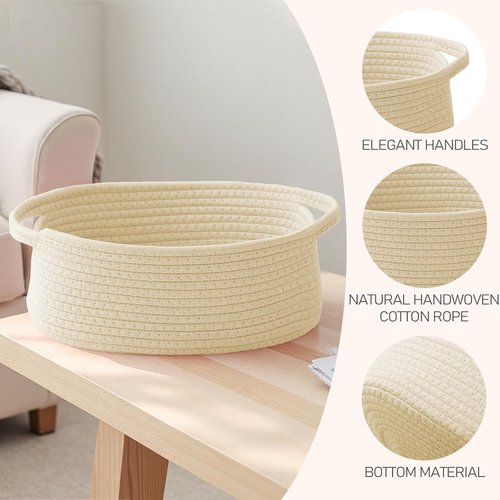 JMvicyroam Woven Basket - Small Rope Storage Bin with Handles | Versatile Organizer for Shelves & Closets - Beige (3 Pack)