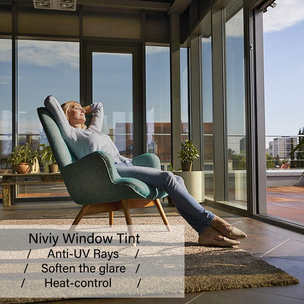 Niviy One Way Window Film Privacy Mirror Effect Self-Adhesive Window Tint UV Heat Control Glass Door Film for Home and Office, Black-Silver 35.4 x 157.4 inches