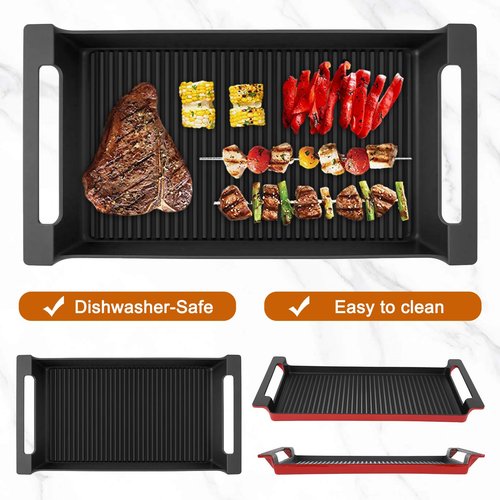 Cast Iron Grill/Griddle Pan with Non-Stick Coating & Grease Groove – Universal Outdoor/Indoor Cooking for Gas Grill, Charcoal BBQ, Camping, Tailgating（17.5X9” with Woody Handles）