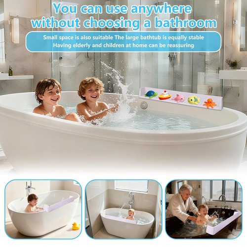 Bathtub Splash Guard for Kids, Long Flexible Silicone Shower Splash Guard with Suction Cups, 2-in-1 Tub Ledge Organizer for Bath Toys & Supplies, Prevents Water Spills, Keeps Floor Dry(Grey)