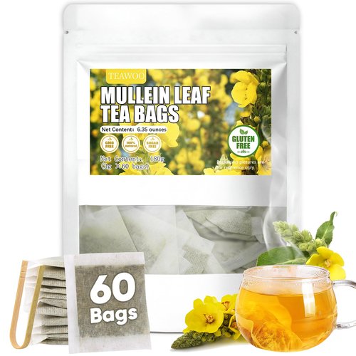 TEAWOO 60 Mullein Leaf Tea Bags, From 100% Natural Mullein Leaves for Lungs Health and Respiratory Support, Gluten-Free, Vegan, Non GMO