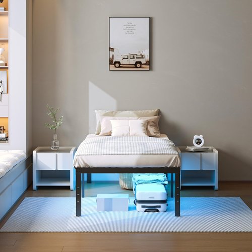 YORMDMO 14 inch Twin Bed Frame, Metal Bedframe with LED Lights, Heavy Duty Basic Steel Slats Platform, Outlets & USB, No Box Spring Needed