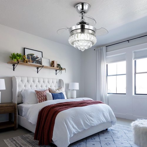 22" LED Crystal Ceiling Fan with Light Bedroom Small Fandeliers Dimmable 6 Speed Timing Chandeleir Fan with Lights for Bedroom Living Room (2201 Silver)