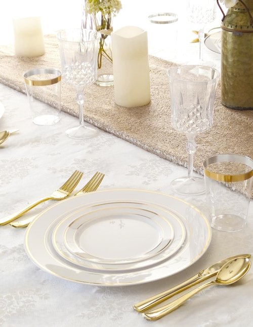 OCCASIONS 120 Plates Pack,(60 Guests) Heavyweight Premium Wedding Party Disposable Plastic Plates Set -60 x 10.5'' Dinner + 60 x 7.5'' Salad/Dessert (White & Gold Rim)