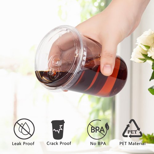 MOQRUAO 100 Sets 16oz Disposable Stemless Plastic Cups with Strawless Sip Lids, Clear PET Coffee Cups for Iced Coffee, Cold Drinks, Halloween, Christmas, Party and Drink Shop Supplies (Clear (16oz))