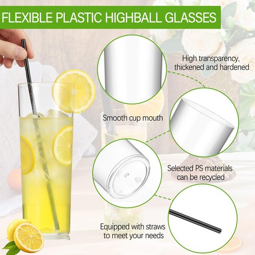 Acellegic Plastic Highball Glasses with Straws(Set of 96), 10 oz Shatterproof Drinking Cups, Tall Whiskey Collins Glass with Straws, Smoothie Tumbler Mojito Cocktail Cups for Wedding Fall Xmas Party