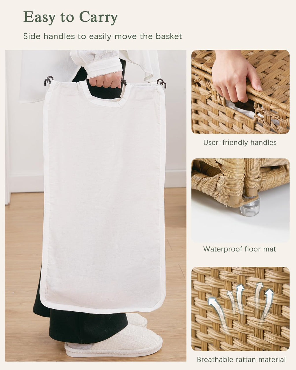 SETVSON Laundry Hamper with Lid Wicker Laundry Basket 112 L (29.6 Gal) Laundry Hampers Handwoven Rattan Clothes Hamper with Handles 3 Removable Liner Bag, 6 Mesh Bags for Bathroom Bedroom Natural