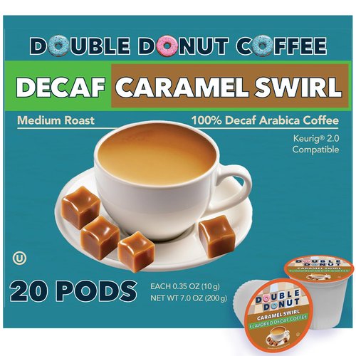 Double Donut Coffee Caramel Swirl Medium Roast Decaf Flavored Coffee Pods for Keurig K Cups Makers, 20 Capsules