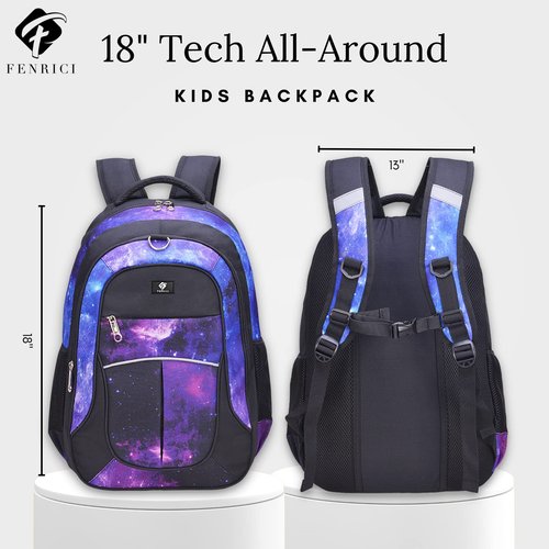 Fenrici Galaxy Backpack and Lunch Box for Kids, 18" Kids Galaxy Backpack Set for School, Space, Purple